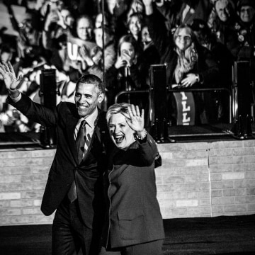 Democratic presidential candidate Hillary Clinton us joined on stage by President Barack Obama after speaking at a rally at Independence Mall in Philadelphia, Pa., Nov. 7, 2016.