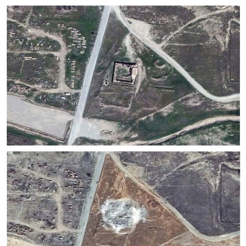 This combination of two satellite images provided by DigitalGlobe, taken on March 31, 2011, top, and Sept. 28, 2014, shows the site of the 1,400-year-old Christian monastery known as St. Elijah’s, or Dair Mar Elia, on the outskirts of Mosul, Iraq.  The photo confirm what church leaders and Middle East preservationists had feared: The monastery has been reduced to a field of rubble, yet another victim of the Islamic State's relentless destruction.