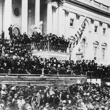 Image: President Abraham Lincoln delivers his second inaugural address on the east portico of the U.S. Capitol in Washington, D.C. in March, 1865.
