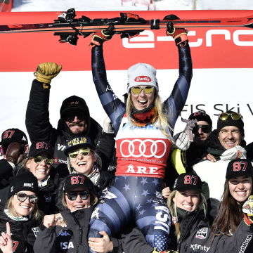 Mikaela Shiffrin of Team United States celebrates becoming the winningest ski racer, male or female, in the history of the sport with her 87th World Cup win on March 11, 2023 in Are, Sweden.