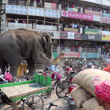 Image: Bystanders watch as a wild elephant struck with a tranquilizer dart in its back side walks along a street in Siliguri