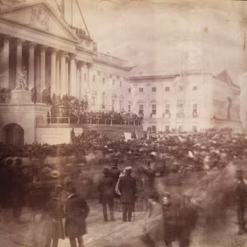 Image: President James Buchanan at the east front of the U.S. Capitol during his March 1857 inauguration, the first inauguration known to have been photographed.