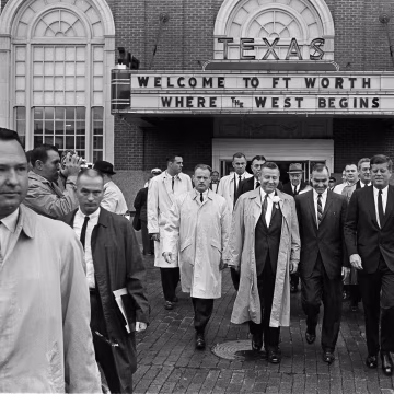 Image: President John F. Kennedy, front, right, exits the Hotel Texas in Fort Worth