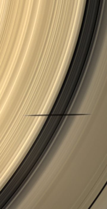 The shadow of Saturn's moon Mimas dips onto the planet's rings and straddles the Cassini Division in this natural color image taken as Saturn approaches its August 2009 equinox. The novel illumination geometry created as the Saturnian system approaches equinox allows moons orbiting in or near the plane of Saturn's equatorial rings to cast shadows onto the rings. These scenes are possible only during the few months before and after Saturn's equinox which occurs only once in about 15 Earth years. To see a movie of Mimas' shadow moving across the rings, see PIA11658 <view.php?id=5591>. Mimas (396 kilometers, 246 miles across) does not appear in this image, but the moon has a flattened, or oblate, shape (see PIA07534 <view.php?id=1138>). This view looks toward the sunlit side of the rings from about 52 degrees below the ringplane. Images taken using red, green and blue spectral filters were combined to create this natural color view. The images were obtained with the Cassini spacecraft wide-angle camera
