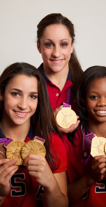 2012 Neil Leifer -- The USA gymnastics team poses for a portrait by Neil Leifer during the 2012 Olympics in London, UK on August 9, 2012. They are Kyla Ross, McKayla Maroney, Aly Raisman, Jordyn Wieber and Gabrielle Douglas.