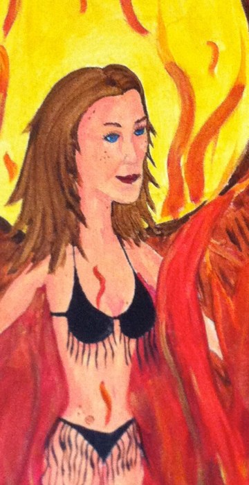 HOT, HOT, HOT
Illegible
24\" x 18\", oil on canvas
Anonymous donation, December 2012

A comely woman in a fringed bikini stands unfazed by leeches and engulfing flames: metaphorical reminders of the enigmatic hazards of feminine beauty.