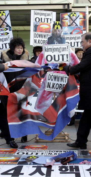 Image:Protesters rip apart North Korea's national flag with a knife
