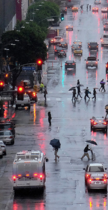 Image: Pedestrians, cover up from heavy El Nino rains, cross Flower Street in downtown Los Angeles