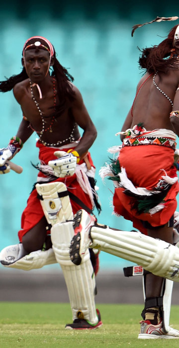 Image: Maasai Warriors from Kenya take a run in a cricket match