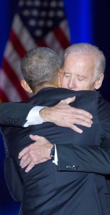 Image: On Tuesday, Jan. 10, U.S. Obama and Biden hug, after Obama delivered his farewell address to the American people at McCormick Place in Chicago.
