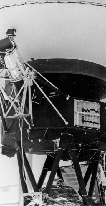 The "Sounds of Earth" record is mounted on the Voyager 2 spacecraft at the Kennedy Space Center on Aug. 4, 1977.