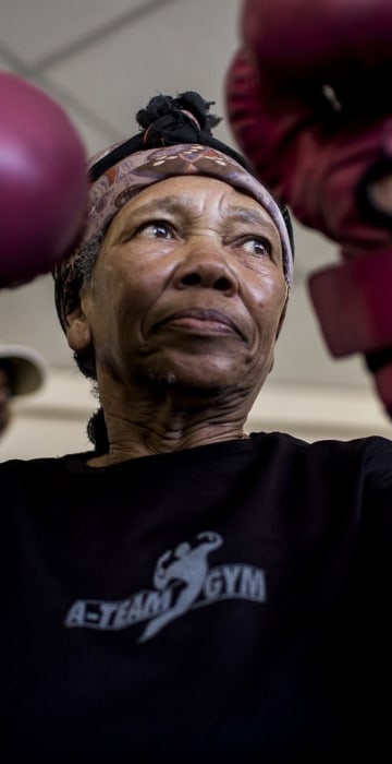 Image: Gladys Ngwenya, 77,prepares to box