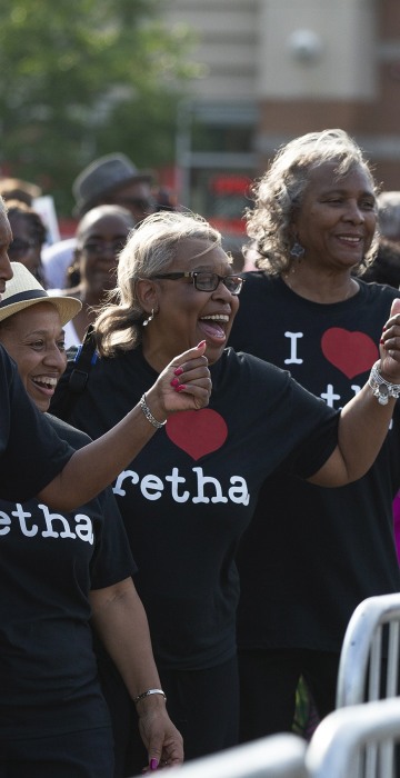 Image: Fans gather outside the Charles H. Wright Museum of African American History