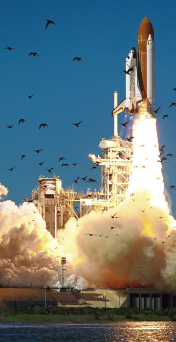 Image: A wide-angle view shows the ascent of the shuttle Challenger