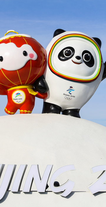 Beijing 2022 mascots Bing Dwen Dwen and Shuey Rhon Rhon are seen at Beijing Winter Olympic Village on January 28, 2022 in Beijing, China.