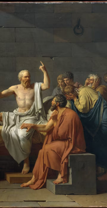 Image: The Death of Socrates, oil on canvas by Jacques Louis David, 1787.