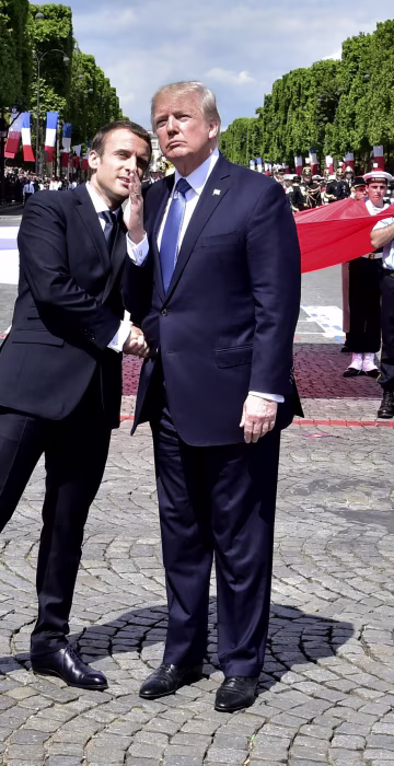 Image: French President Emmanuel Macron shakes hands with President Donald Trump