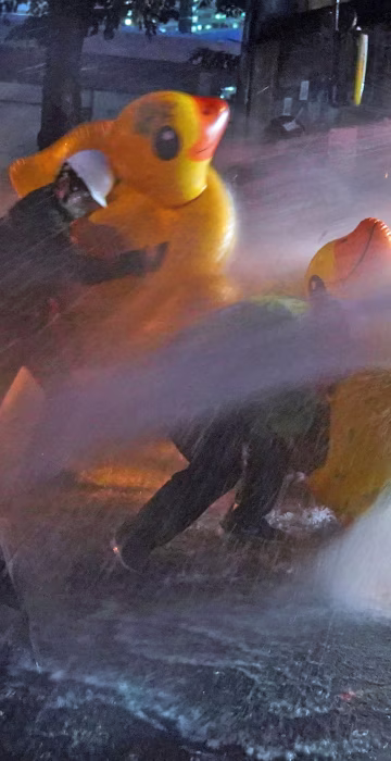 Image: Demonstrators use inflatable rubber ducks as shields to protect themselves from water cannons during an anti-government protest, outside the parliament in Bangkok