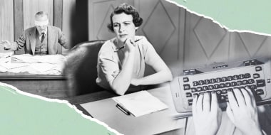 Three vintage photos in black and white, of a man and woman at their work desk, and a hand typing on a typewriter