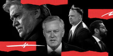Photo illustration: Red pieces of paper with scribbles around images of Steve Bannon, Mark Meadows, Dan Scavino and Kash Patel.