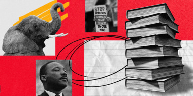 Illustration of a stack of textbooks with scribbles, Martin Luther King Jr., an elephant and an anti-CRT protest sign.