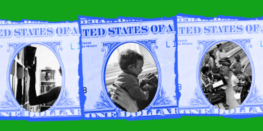 Photo illustration:A cut out portions of three pieces of dollar bills reveal a hand pulling out a library book, two hands holidng a child up and students sitting together.