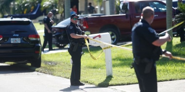 Police put up caution tape at the home of Brian Laundrie on Sept. 20, 2021, in North Port, Fla.