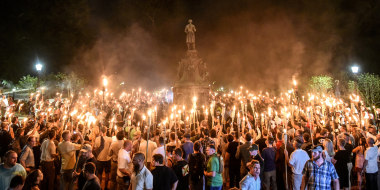 White nationalists march on the grounds of the University of Virginia ahead of the \"Unite the Right Rally\" in Charlottesville on Aug. 11, 2017.