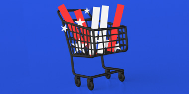 Photo illustration: A black shopping card stacked with red and white bars and white stars.