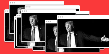 Photo illustration: Multiple browser windows open that show an image of Donald Trump speaking on stage and pointing to the right.