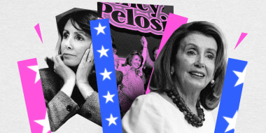 Photo collage with image of Nancy Pelosi from 1987, of her celebrating a win and a current image of her surrounded by pink and blue sticks with glowing stars on them.