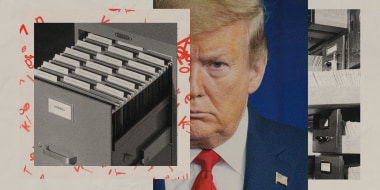 Photo collage showing an image of Donald Trump between images of file cabinets.