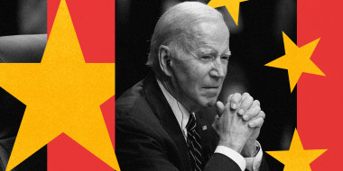 Photo illustration: Joe Biden sitting with folded hands between two red strips with overlapping yellow stars resembling the flag of China.