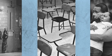 Photo illustration of empty classroom desks; a mother mourning with her child outside of a shooting at an elementary school in Ulvade, Texas; and backpacks near a classroom door at an elementary school near Ulvade, Texas.
