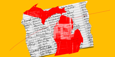 Photo illustration: A red colored map of Michigan over a piece of paper with signatures.