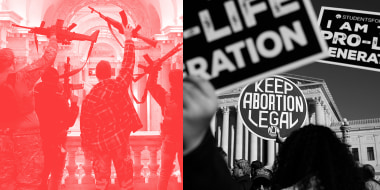Photo illustration: An image with a red overlay shows gun advocates holding up rifles inside a building and the other one in black and white shows protests outside the Supreme Court. One of the visible signs read,\"Keep abortion legal\".