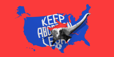 Photo illustration: An elephant's head ripping out of a blue map of the U.S.A which has text that reads,\"Keep abortion legal\".