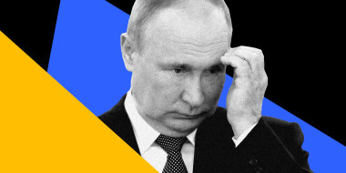 Photo illustration: Vladimir Putin between blue and yellow colored shapes.