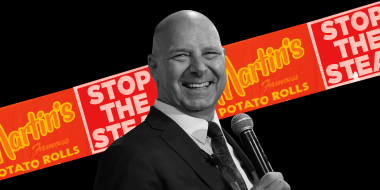 Photo illustration: Doug Mastriano with red strip behind him with repeated text that read,\"Martin's famous potato rolls\" and \"Stop the Steal\".