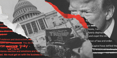 Photo illustration of former President Donald Trump, the riot at the Capitol on Jan. 6, 2021, and edited remarks delivered by Trump the day after the riot.