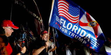 Image: A group of protestors with one of them holding a flag that reads,\"Florida for Trump\"