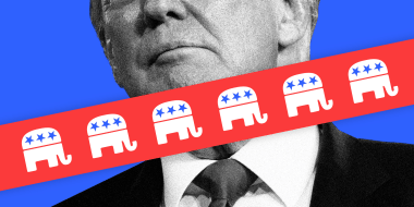 Photo illustration: A tape with repeated logos of the Republican party over a partial view of Donald Trump.