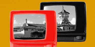 Photo illustration: A red TV and black TV showing different parts of Mar-a-Lago.
