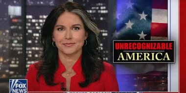 Image: Still showing Tulsi Gabbard hosting a Fox News show. The text on screen reads,\"Unrecognizable America\".