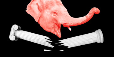 Photo illustration: A red colored elephant head over two broken pieces of a Greek column.