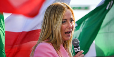 Image: Leader of Italian far-right party \"Fratelli d'Italia\" (Brothers of Italy), Giorgia Meloni delivers a speech.