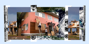 Photo collage: Images showing remnants of a destroyed house after Hurricane Ida and a man preparing his house for Hurricane Ian broken up with strips of a hundred dollar bill.