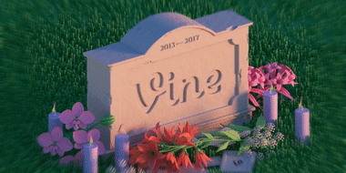 Illustration of a headstone reading "Vine, 2013 - 2017" with flowers and candles.