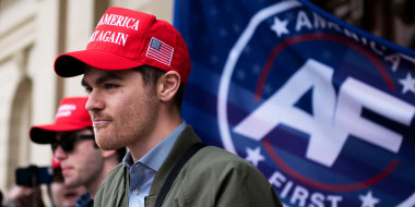Far right activist Nick Fuentes holds a rally at the Michigan State Capitol in Lansing on November 11, 2020.