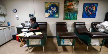 An employee talks on the phone in a recovery room inside the Hope Medical Group for Women in Shreveport, La., on April 15, 2022.